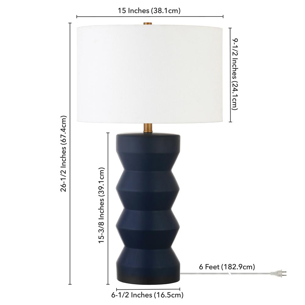Carlin 28" Tall Ceramic Table Lamp with Fabric Shade in Matte Navy/White. Picture 4
