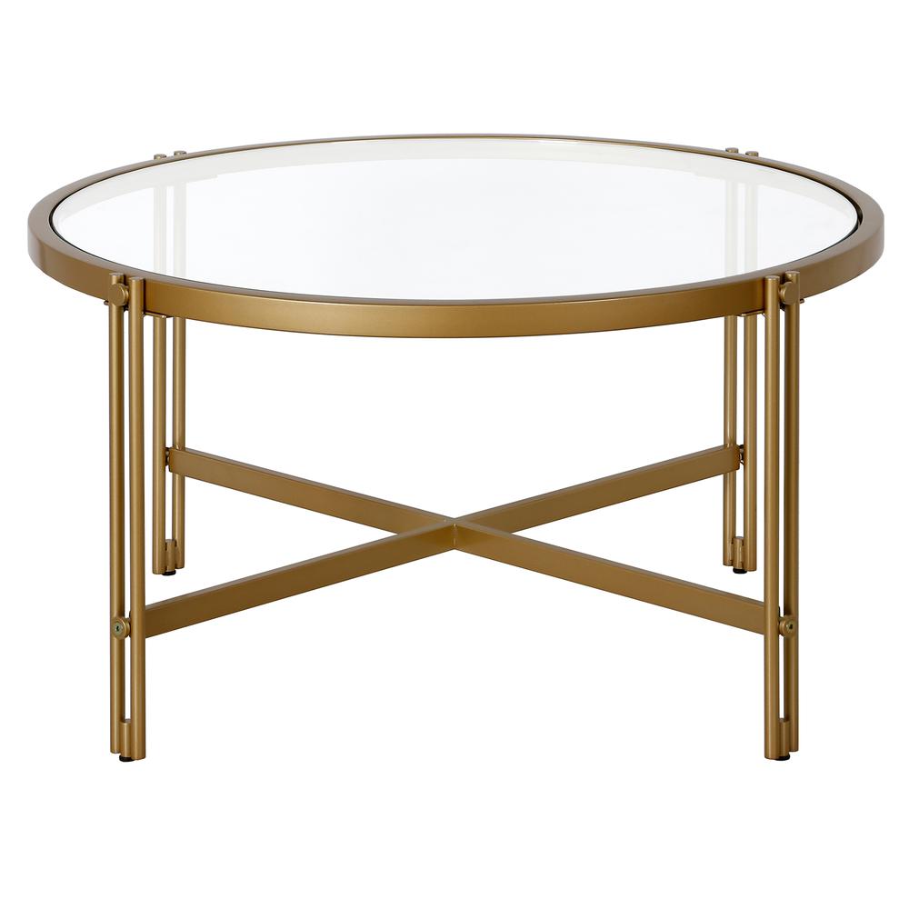 Inez 32" Wide Round Coffee Table in Brass. Picture 3