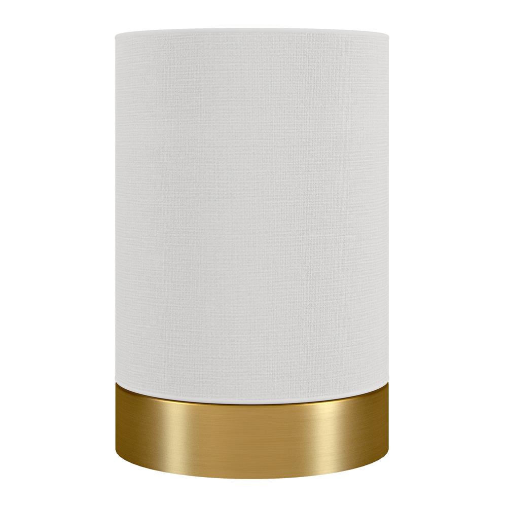 Piper 9" Tall Uplight Mini Lamp with Fabric Shade in Brass/White. Picture 1