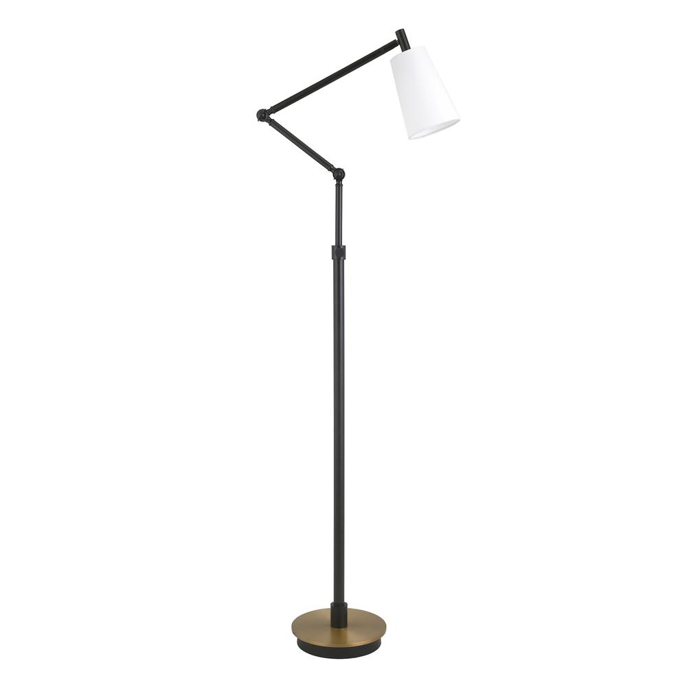 Caleb 66" Tall Floor Lamp with Fabric Shade in Matte Black/Brass/White. Picture 1