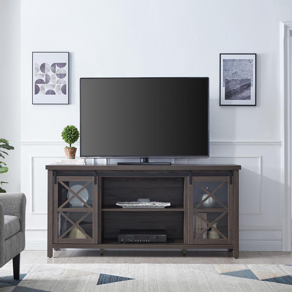Clementine Rectangular TV Stand for TV's up to 80" in Alder Brown. Picture 4