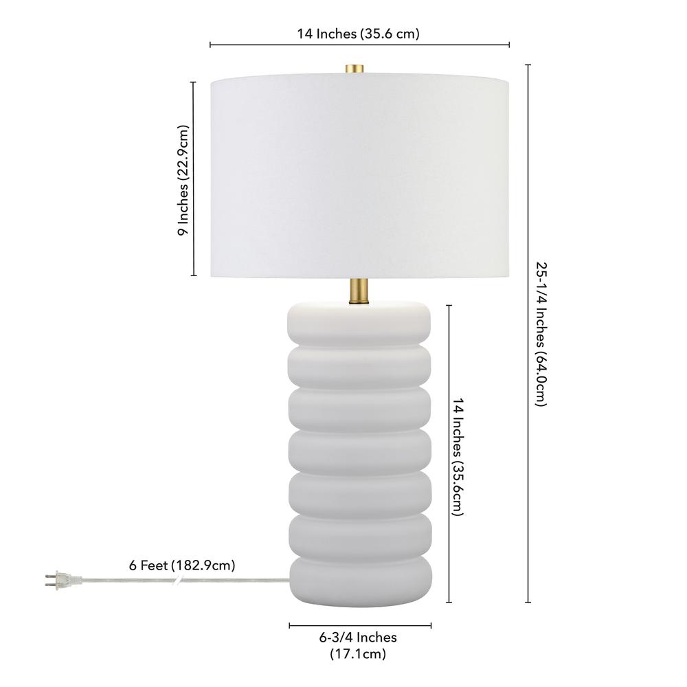 Zelda 25" Tall Ceramic Bubble Body Table Lamp with Fabric Shade in Matte White/Brass/White. Picture 5