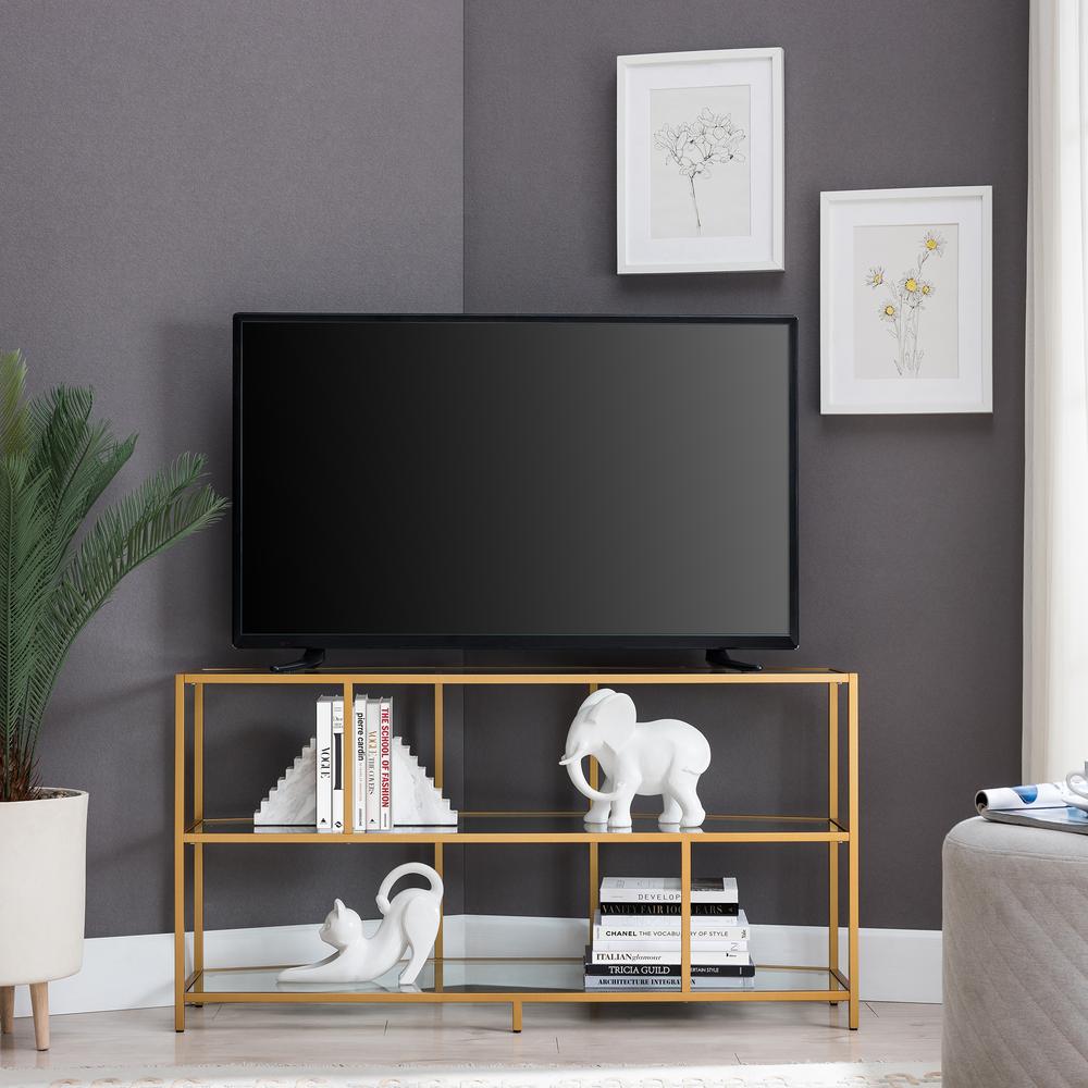 Clark Corner TV Stand for TV's up to 55" in Brass. Picture 4