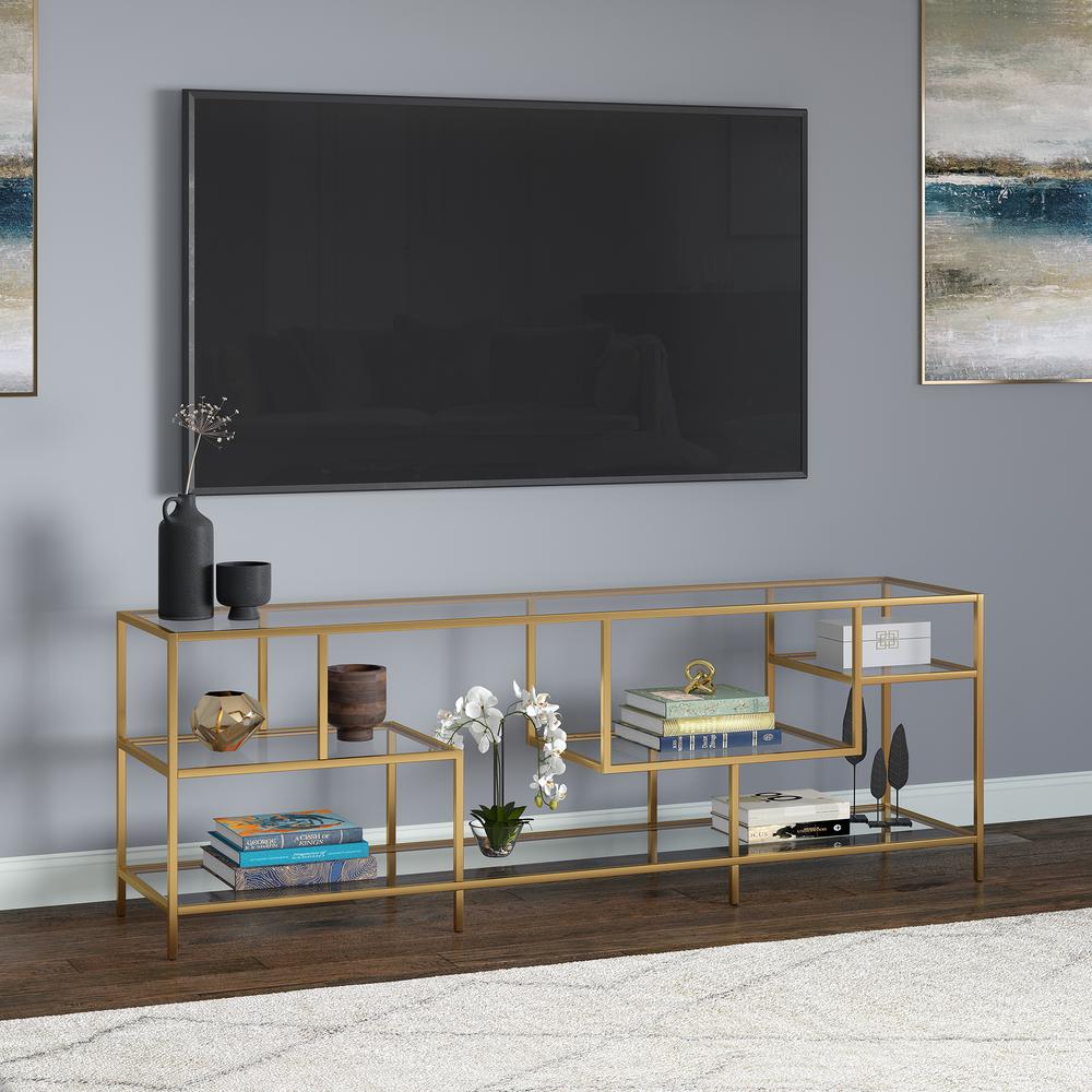 Deveraux Rectangular TV Stand with Glass Shelves for TV's up to 75" in Brass. Picture 4