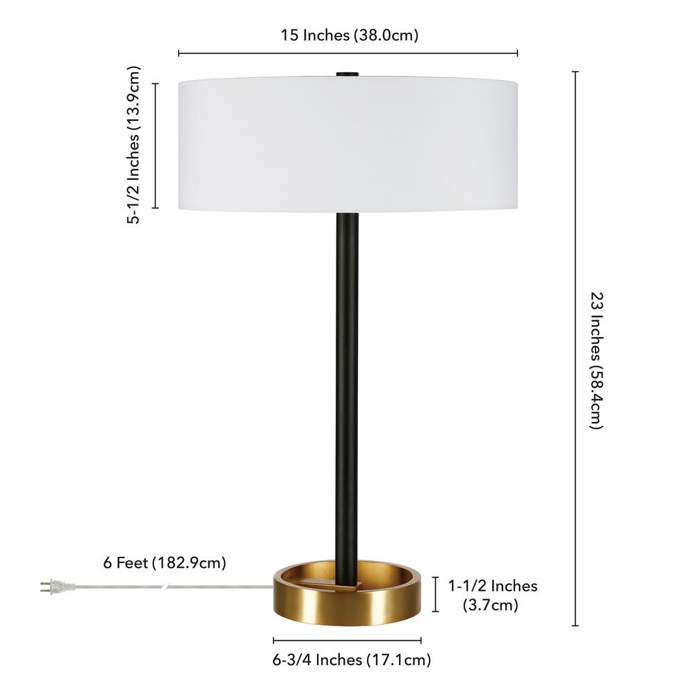Estella 24" Tall Two-Tone Table Lamp with Fabric Shade in Matte Black/Brass/White. Picture 4