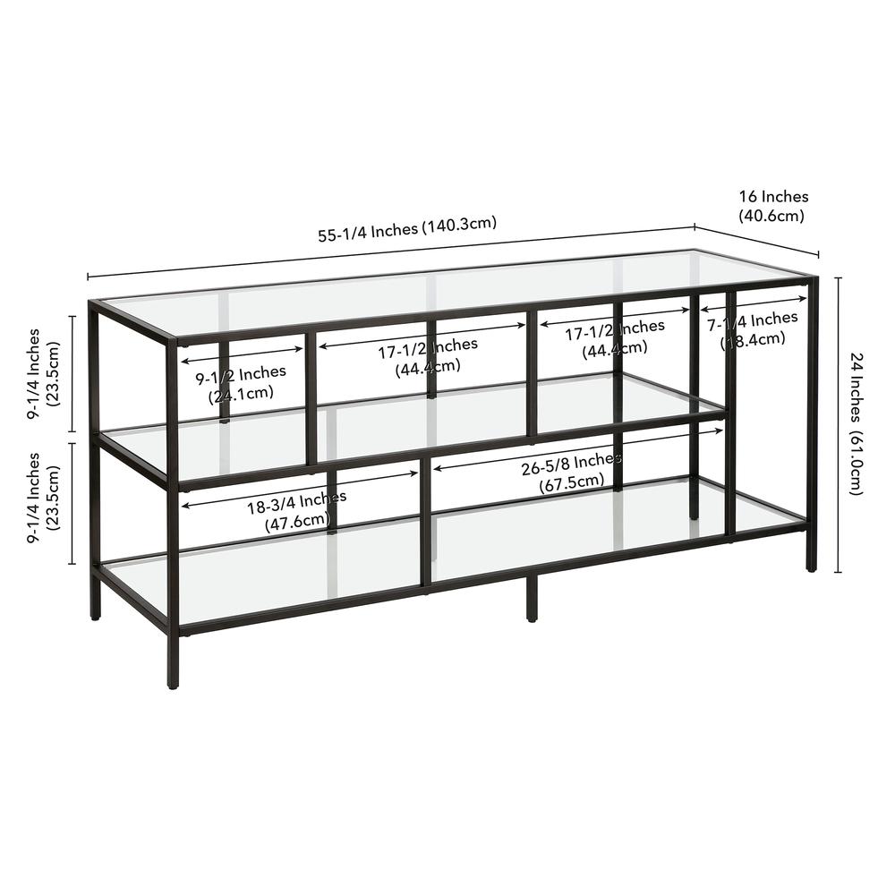 Winthrop Rectangular TV Stand with Glass Shelves for TV's up to 60" in Blackened Bronze. Picture 5
