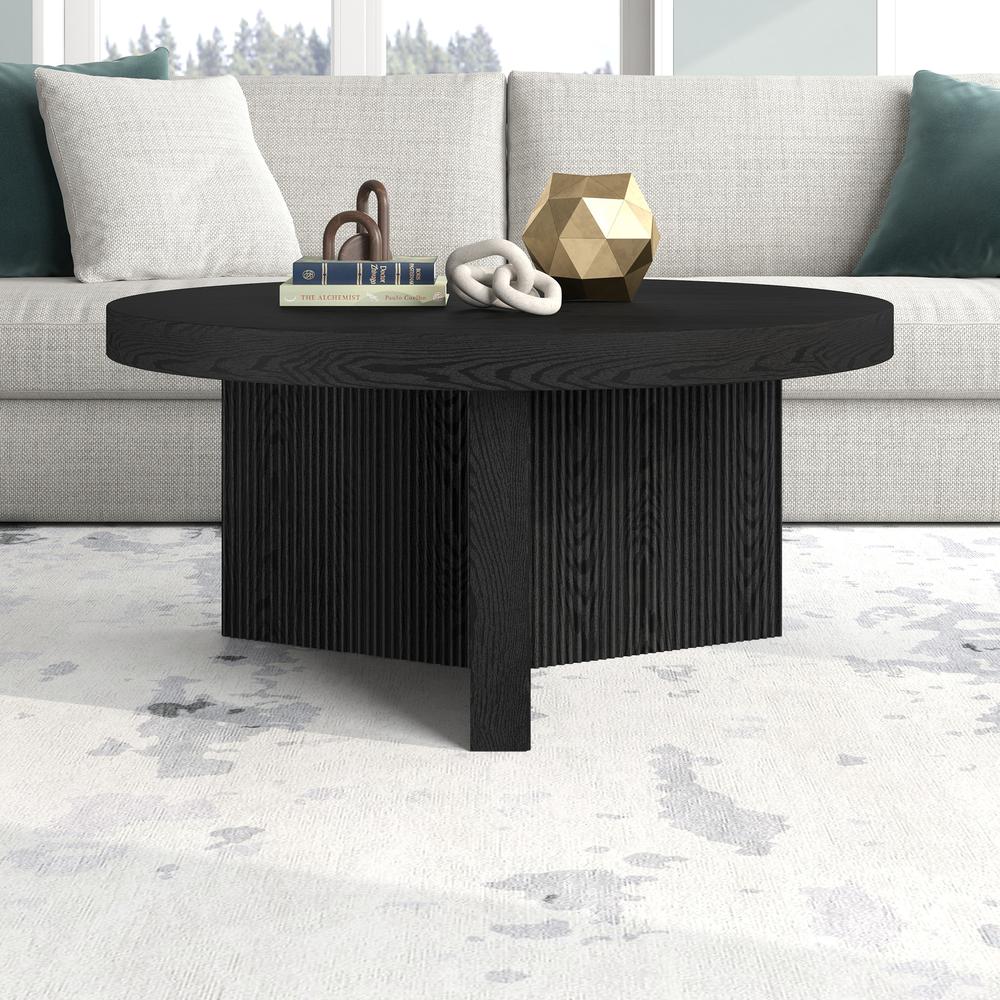 Holm 32" Wide Round Coffee Table in Black Grain. Picture 3