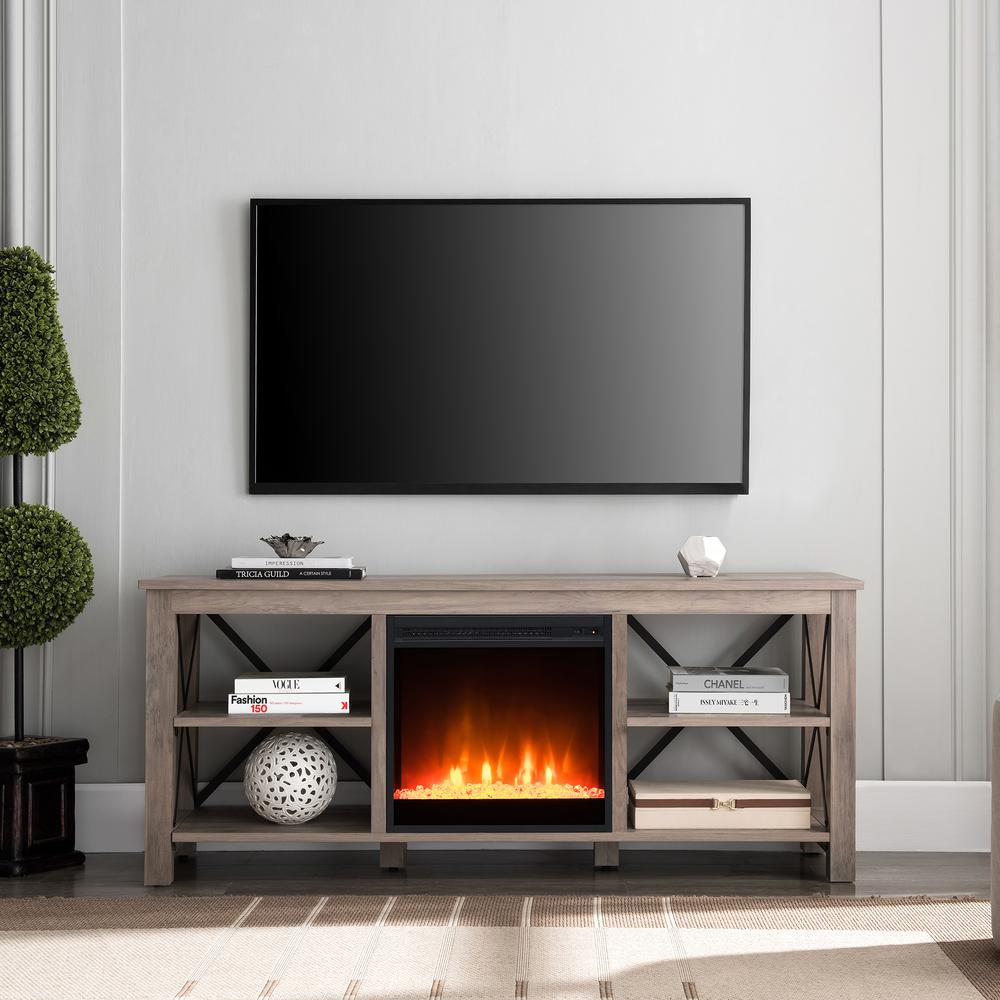 Sawyer Rectangular TV Stand with Crystal Fireplace for TV's up to 65" in Gray Oak. Picture 4