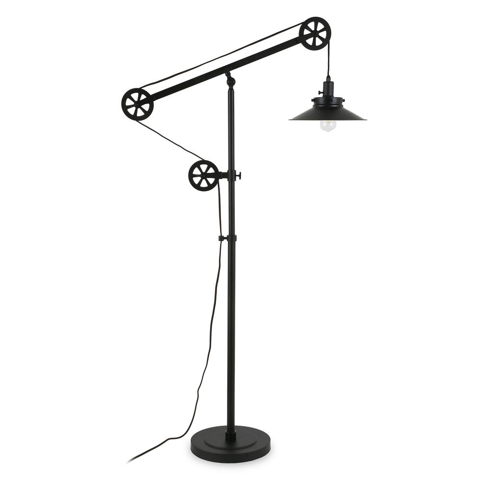 Descartes Wide Brim/Pulley System Floor Lamp with Metal Shade in Blackened Bronze/Blackened Bronze. Picture 1