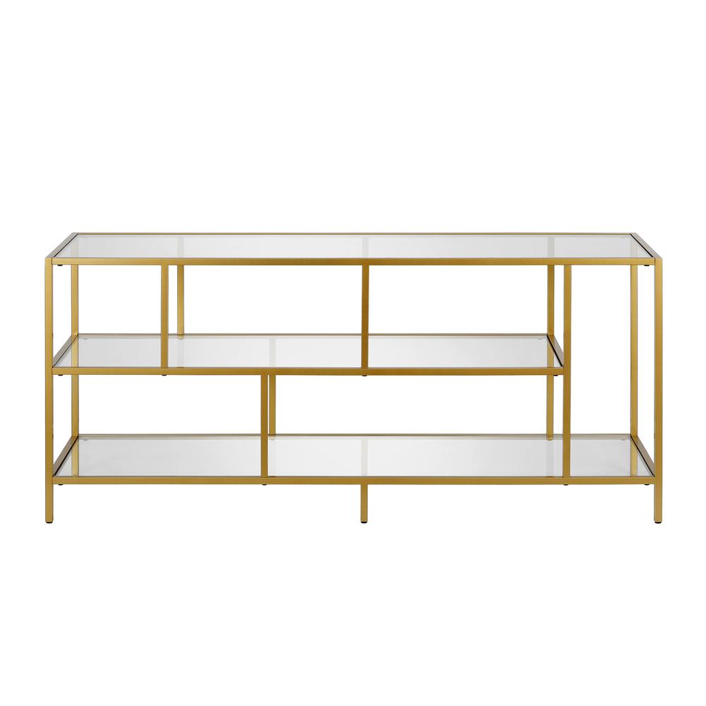 Winthrop Rectangular TV Stand with Glass Shelves for TV's up to 60" in Brass. Picture 3