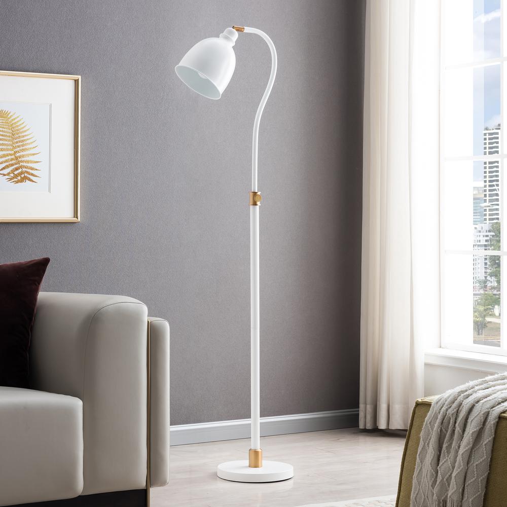 Vincent Adjustable/Arc Floor Lamp with Metal Shade in Matte White/Brass/Matte White. Picture 2