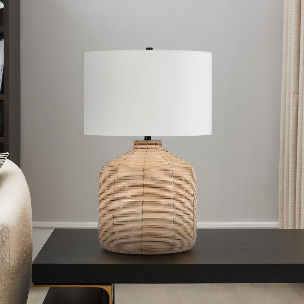 Jolina 26.5" Tall Oversized/Rattan Table Lamp with Fabric Shade in Natural Rattan/Brass /White. Picture 2