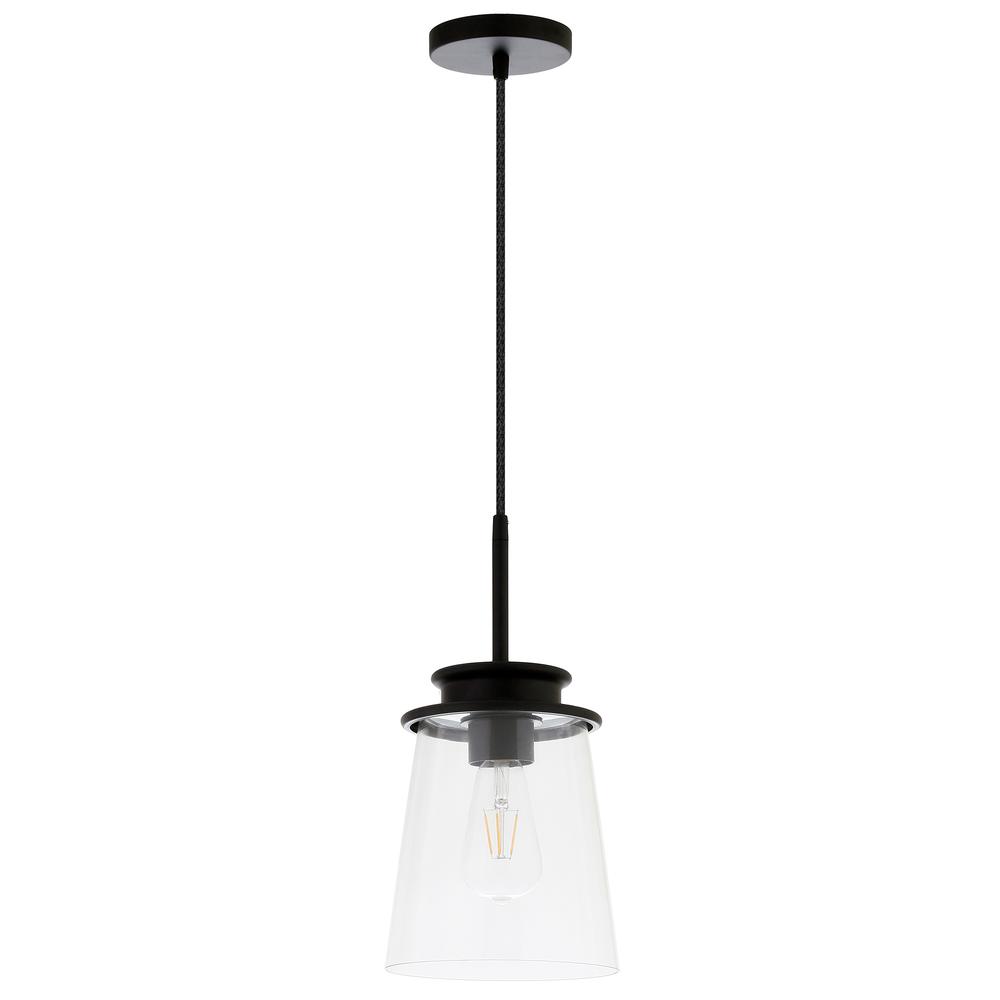 Elwood 7.12" Wide Pendant with Glass Shade in Blackened Bronze/Clear. Picture 1
