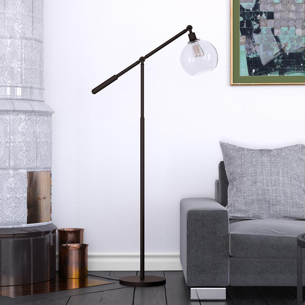 Dardan 60.62" Tall Floor Lamp with Glass Shade in Blackened Bronze/Seeded. Picture 2