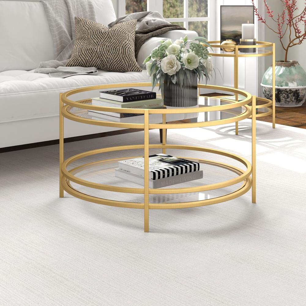 Robillard 32'' Wide Round Coffee Table in Brass. Picture 2