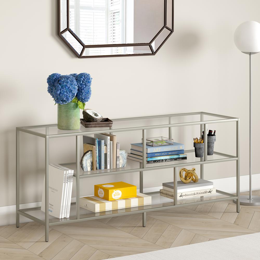 Winthrop Rectangular TV Stand with Glass Shelves for TV's up to 60" in Satin Nickel. Picture 2