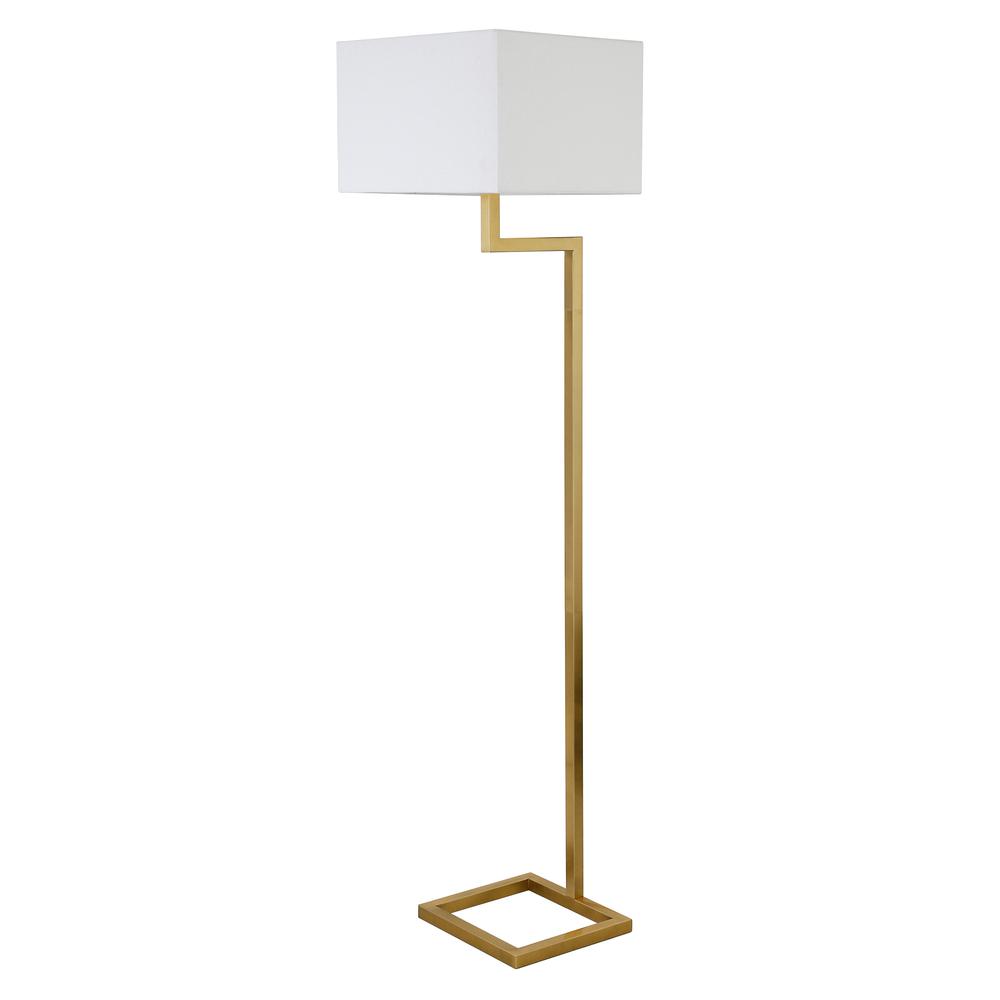 Xavier 64" Tall Floor Lamp with Fabric Shade in Brass/White. Picture 3
