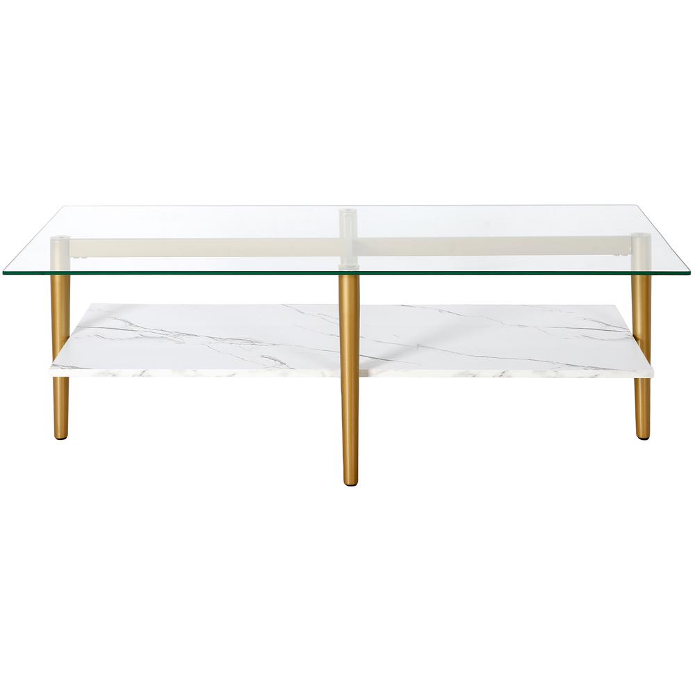 Otto 47" Wide Rectangular Coffee Table with Faux Marble Shelf in Brass. Picture 3