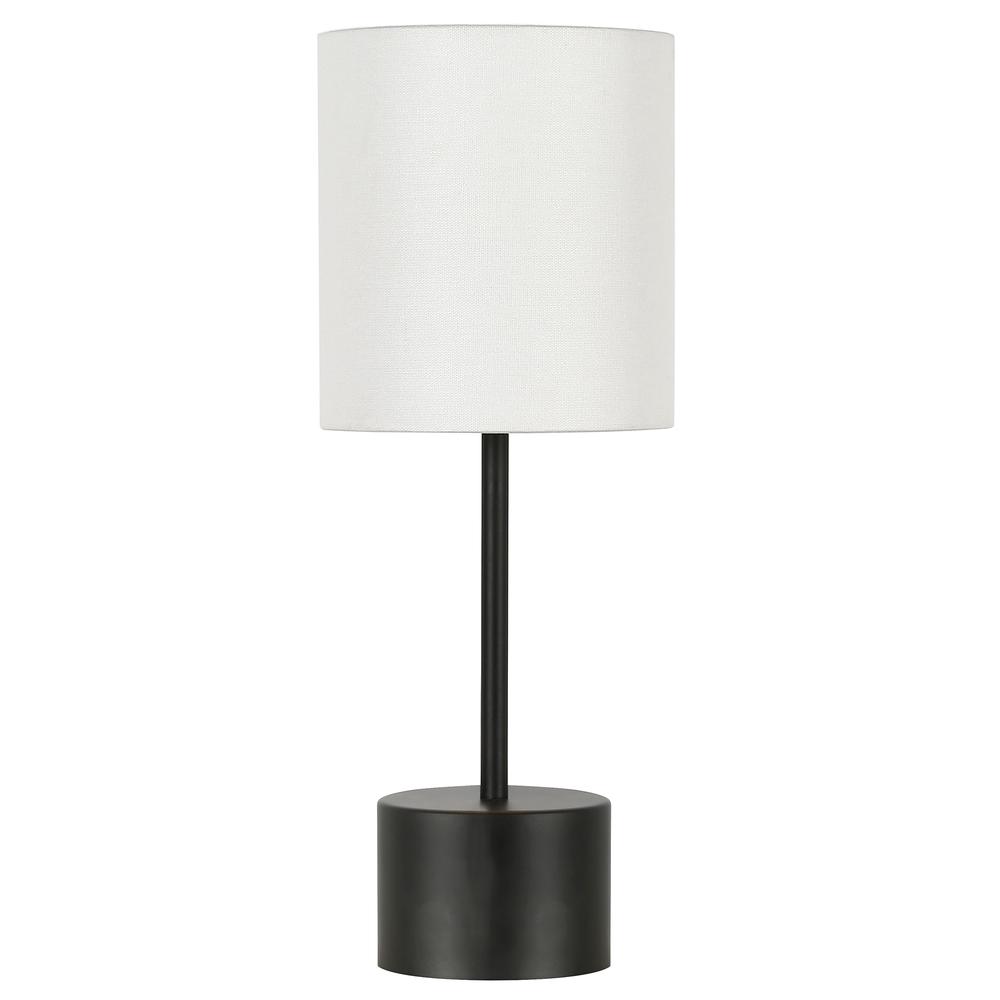Giselle 15.75" Tall Pedestal Mini Lamp with Fabric Shade in Blackened Bronze/White. Picture 1