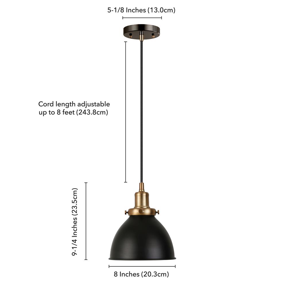 Madison 8" Wide Pendant with Metal Shade in Black/Brass/Black. Picture 5