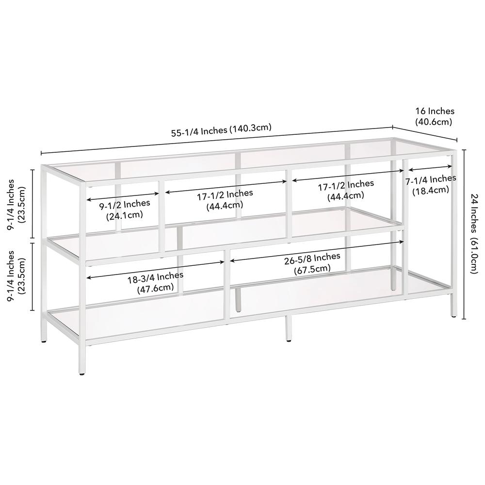 Winthrop Rectangular TV Stand with Glass Shelves for TV's up to 60" in Matte White. Picture 5