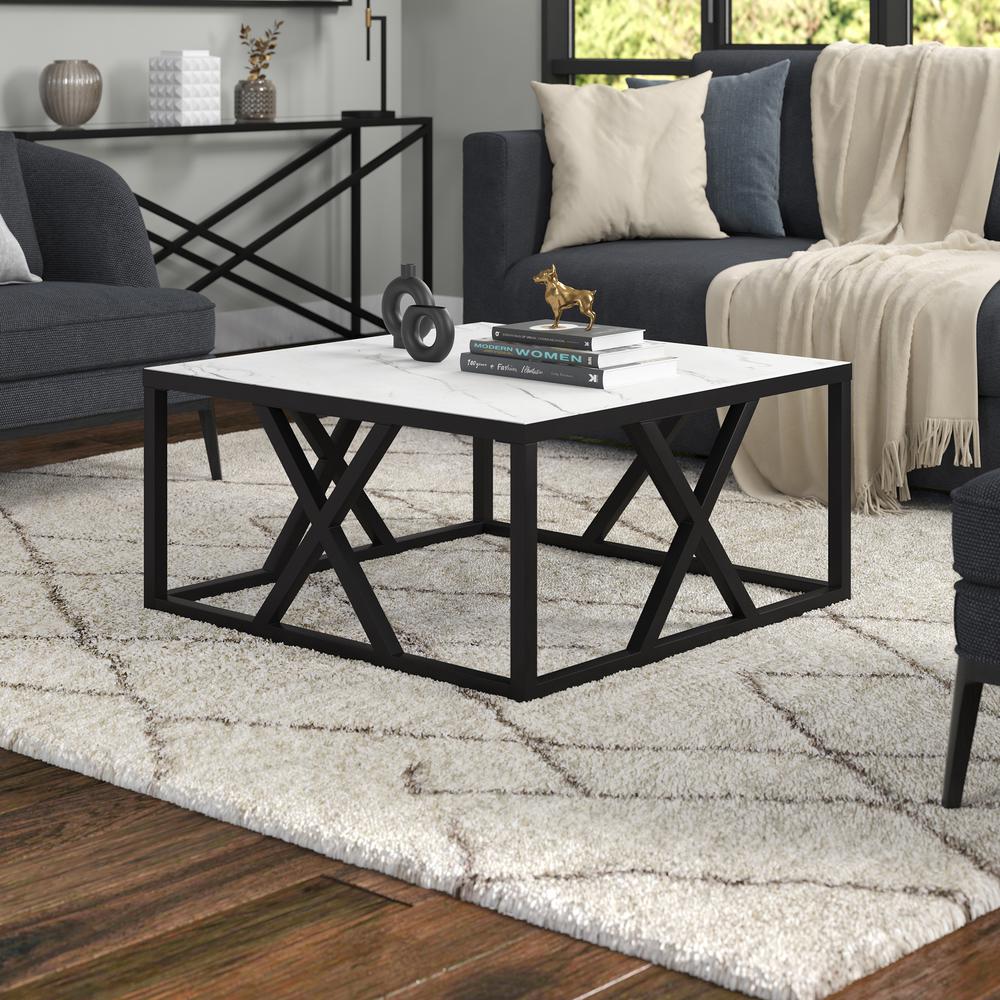 Jedrek 35'' Wide Square Coffee Table with Faux Marble Top in Blackened Bronze. Picture 2