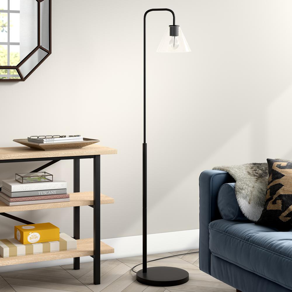 Henderson Arc Floor Lamp with Glass Shade in Blackened Bronze/Clear. Picture 2
