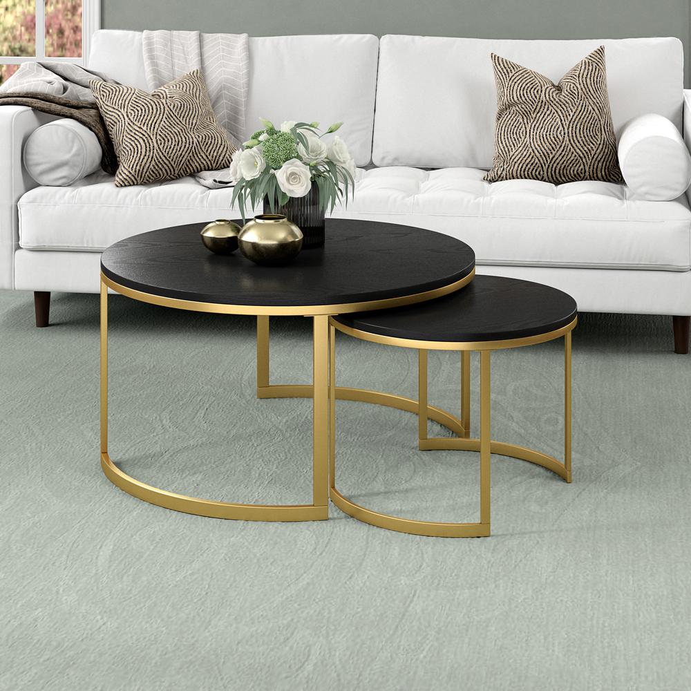 Mitera Round Nested Coffee Table with MDF Top in Brass/Black Grain. Picture 2