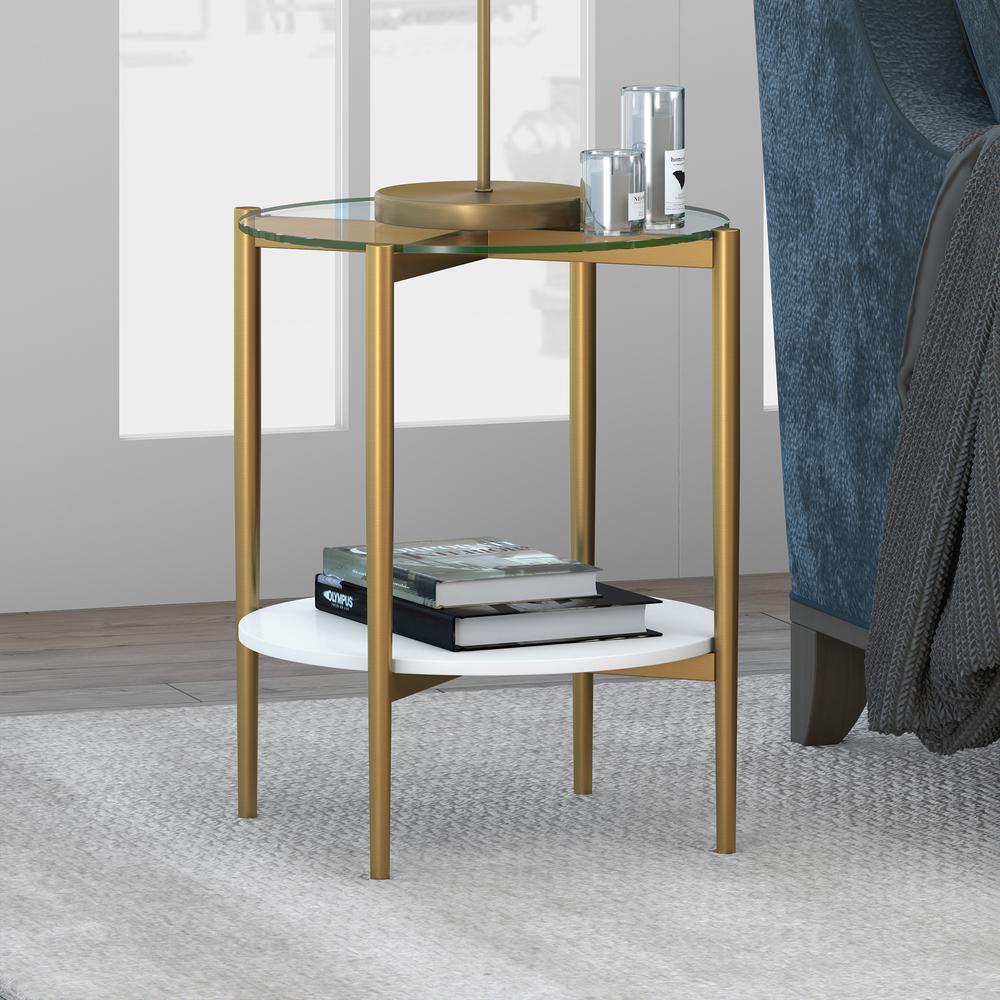 Otto 20'' Wide Round Side Table with MDF Shelf in Brass and White Lacquer. Picture 2