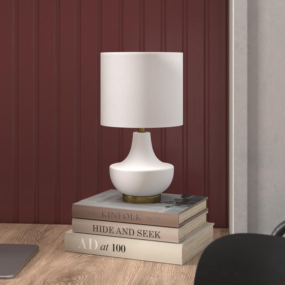 Calvin 13.5" Tall Mini Lamp with Fabric Shade in Matte White/White. Picture 2