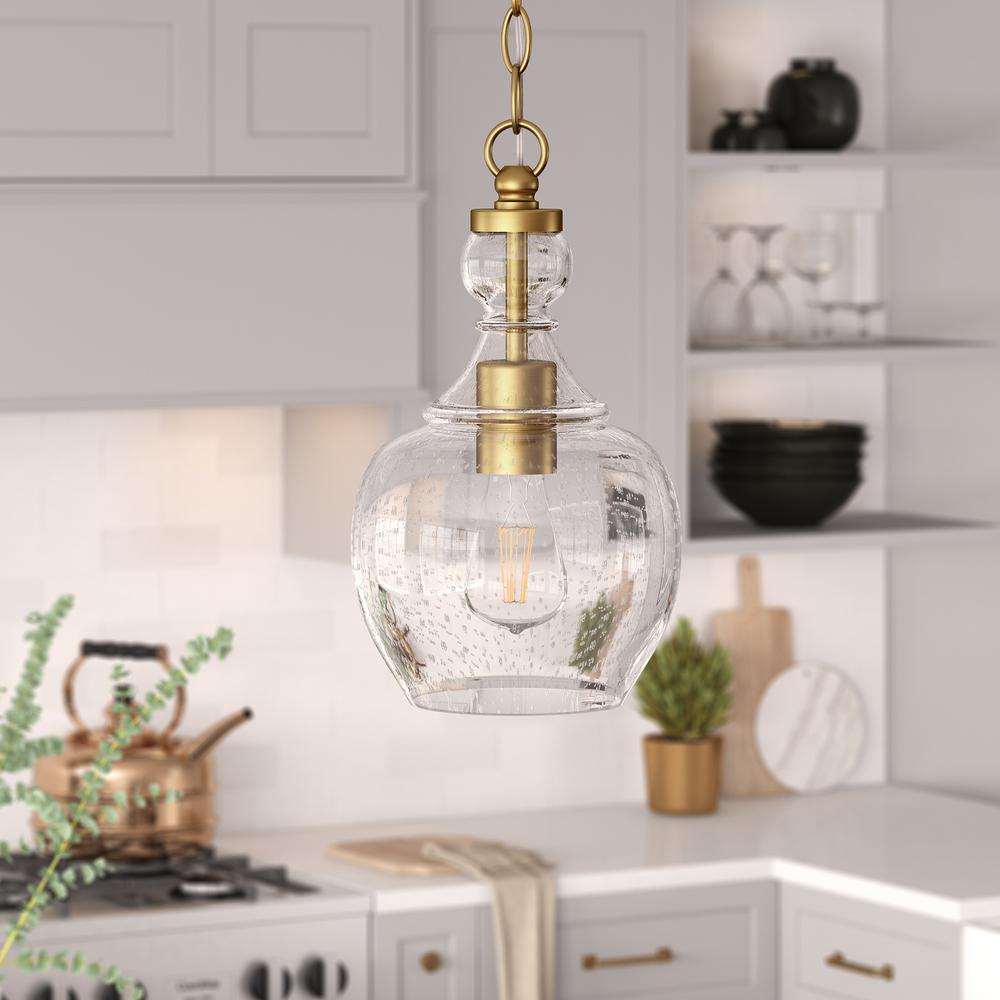 Verona 7" Wide Pendant with Glass Shade in Brushed Brass/Seeded. Picture 3