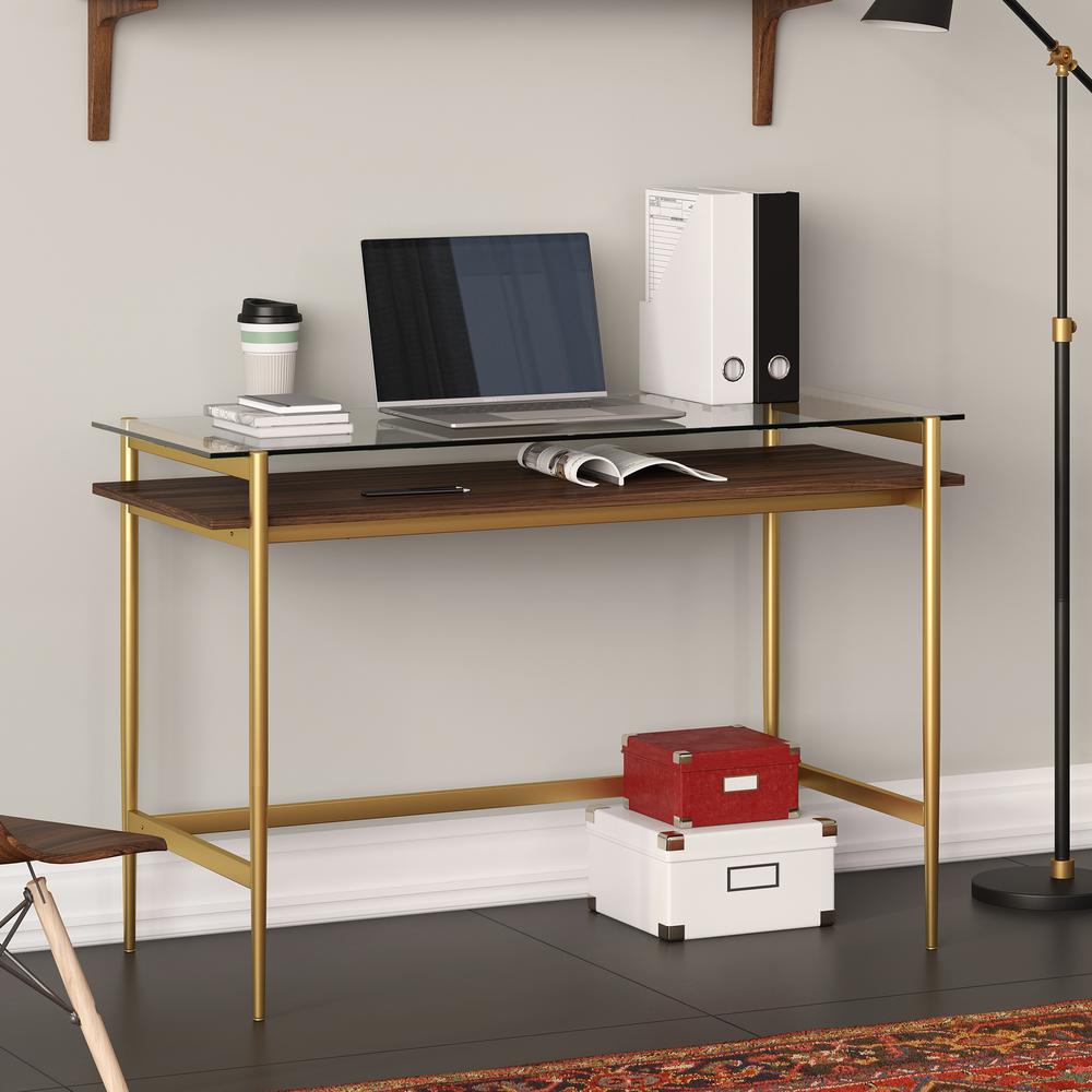 Eaton Rectangular 46'' Wide Desk with MDF Shelf in Brass/Walnut. Picture 2
