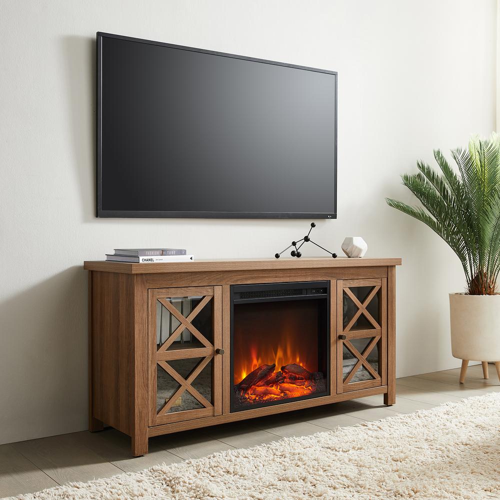Colton Rectangular TV Stand with Log Fireplace for TV's up to 55" in Golden Oak. Picture 2