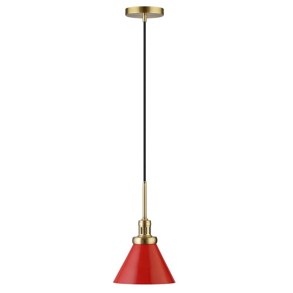Zeno 8.5" Wide Pendant with Metal Shade in Poppy Red/Brass/Poppy Red. Picture 3