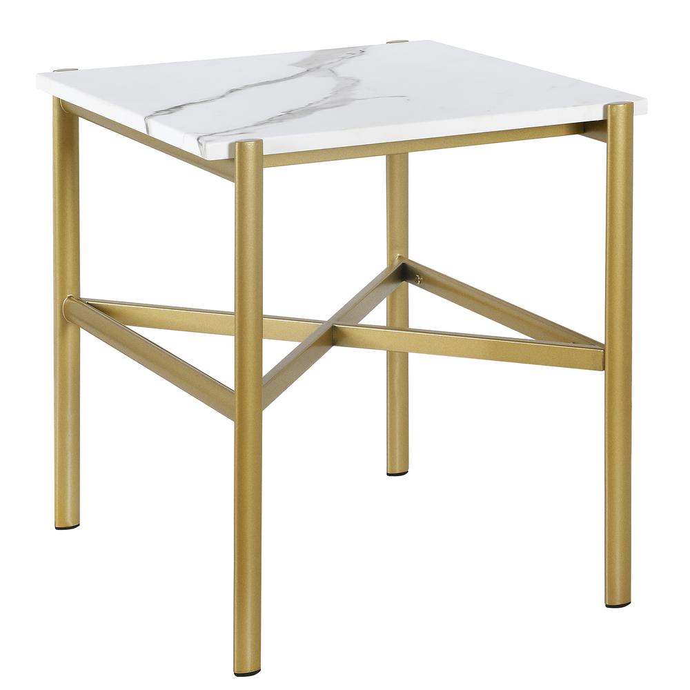 Braxton 21.25'' Wide Rectangular Side Table with Faux Marble Top in Gold. Picture 1