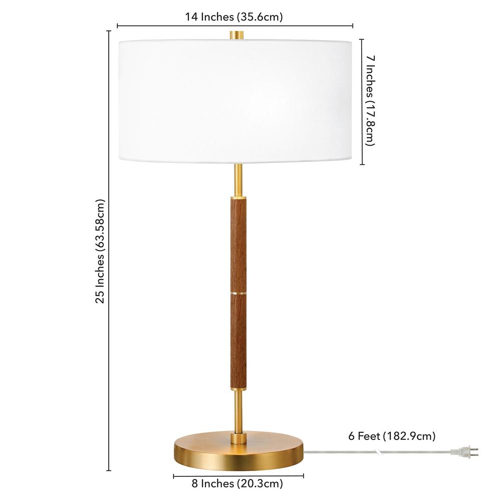 Simone 25" Tall 2-Light Table Lamp with Fabric Shade in Rustic Oak/Brass/White. Picture 4