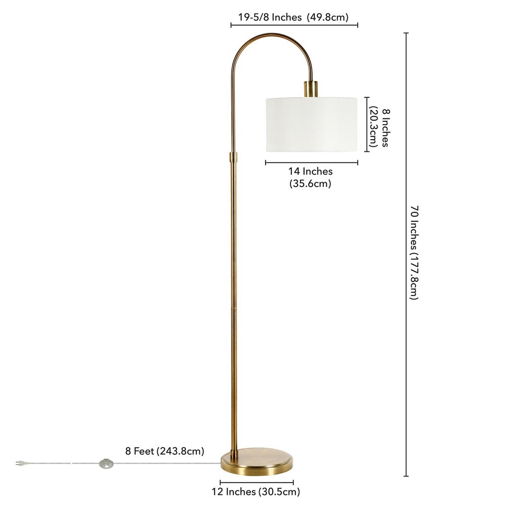 Veronica Arc Floor Lamp with Fabric Shade in Brass/White. Picture 4