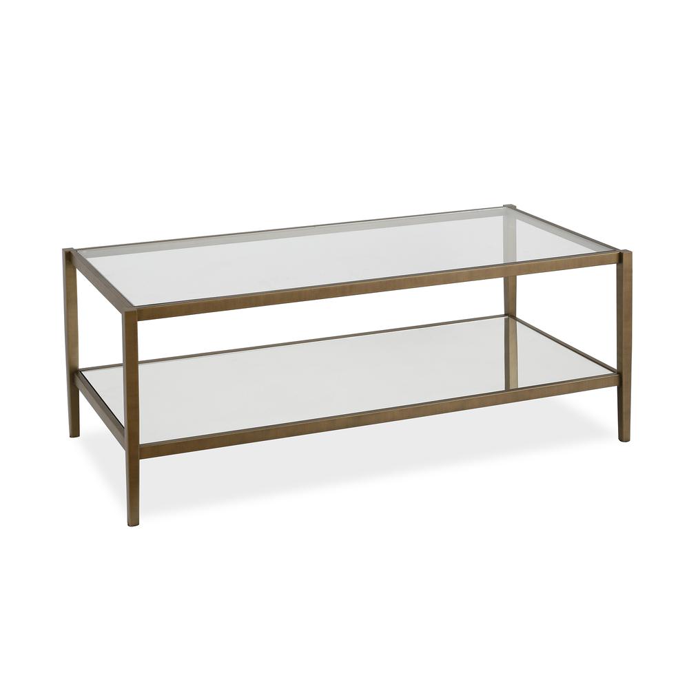 Hera 45'' Wide Rectangular Coffee Table with Glass Shelf in Brass. Picture 1