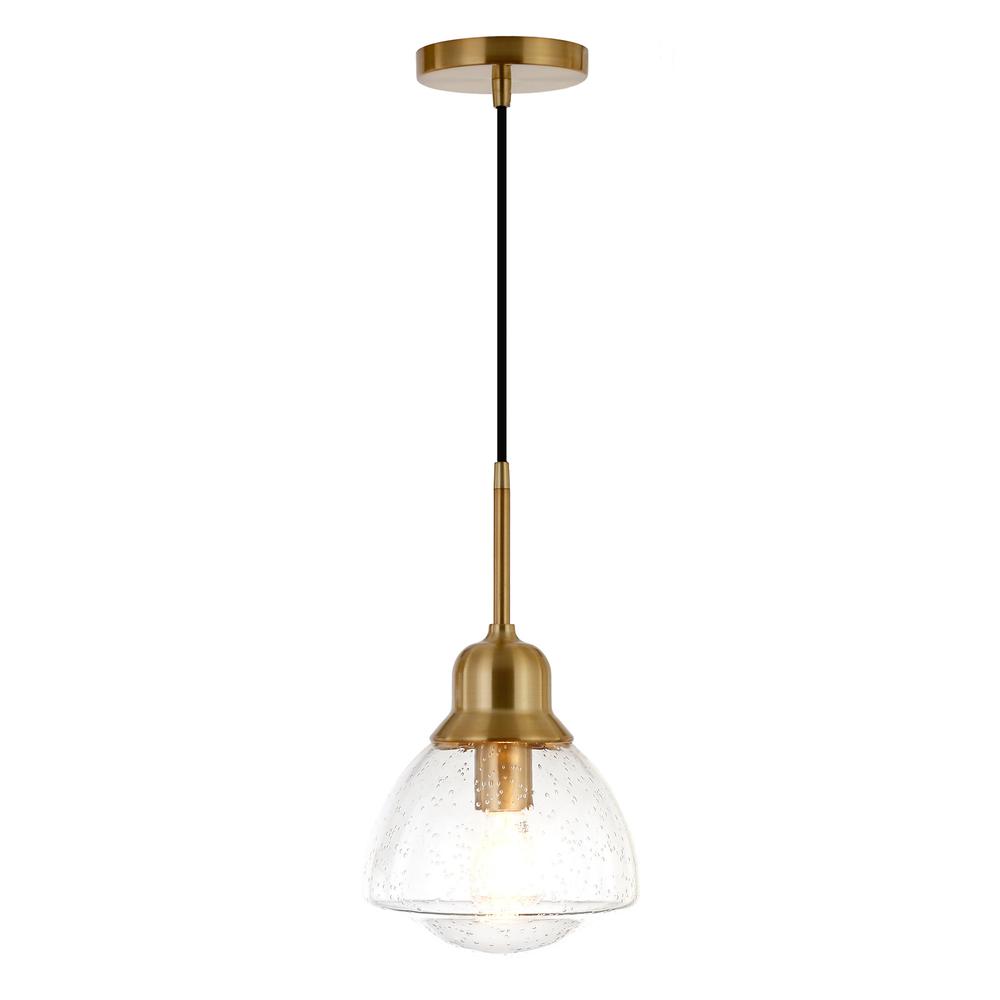 Brooks 8.12" Wide Pendant with Glass Shade in Brass/Seeded. Picture 3