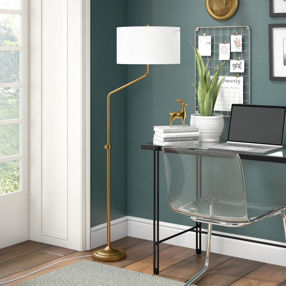 Callum Height-Adjustable Floor Lamp with Fabric Shade in Brushed Brass/White. Picture 2