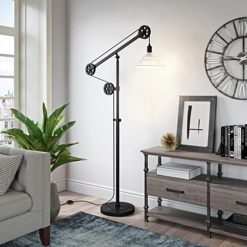 Descartes Pulley System Floor Lamp with Ribbed Glass Shade in Blackened Bronze/Clear. Picture 3