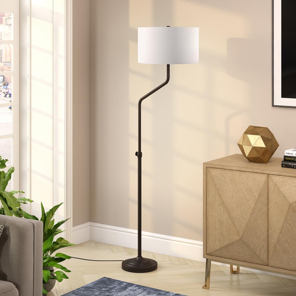 Callum Height-Adjustable Floor Lamp with Fabric Shade in Blackened Bronze/White. Picture 2