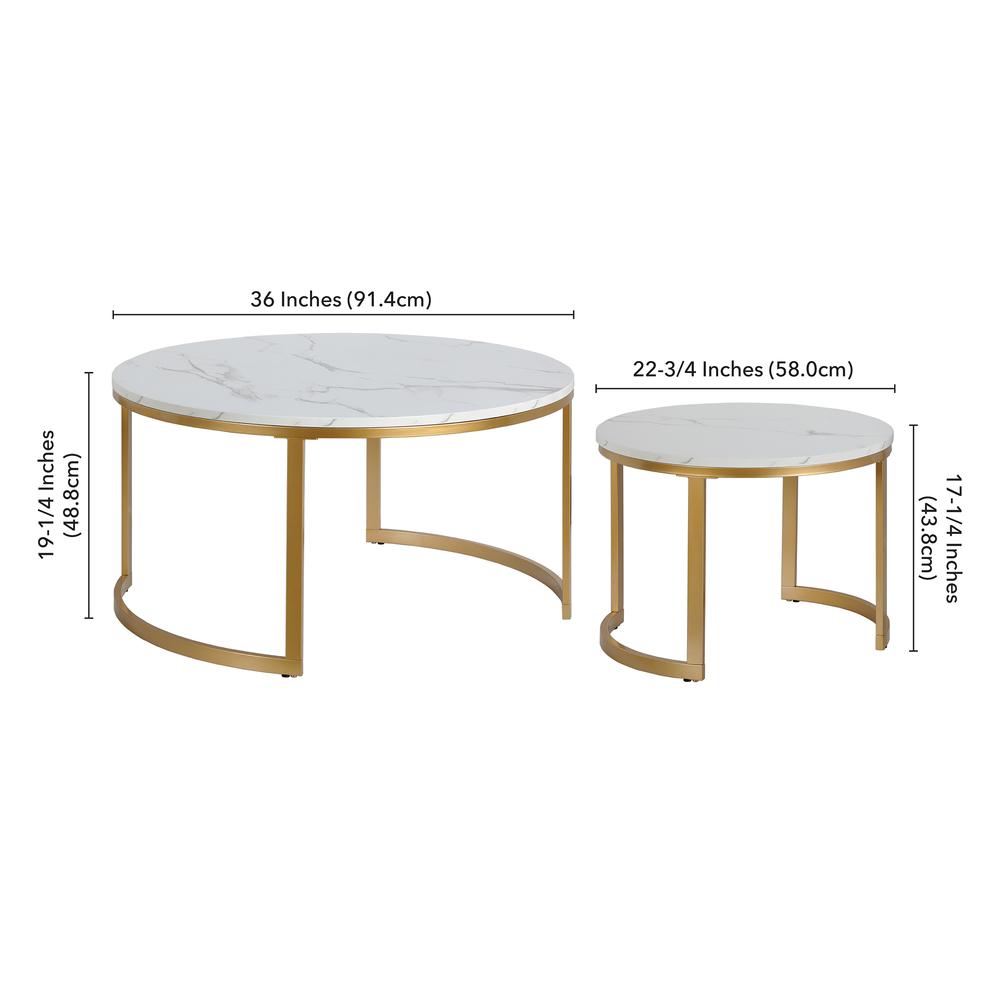Mitera Round Nested Coffee Table with Faux Marble Top in Brass/Faux Marble. Picture 5