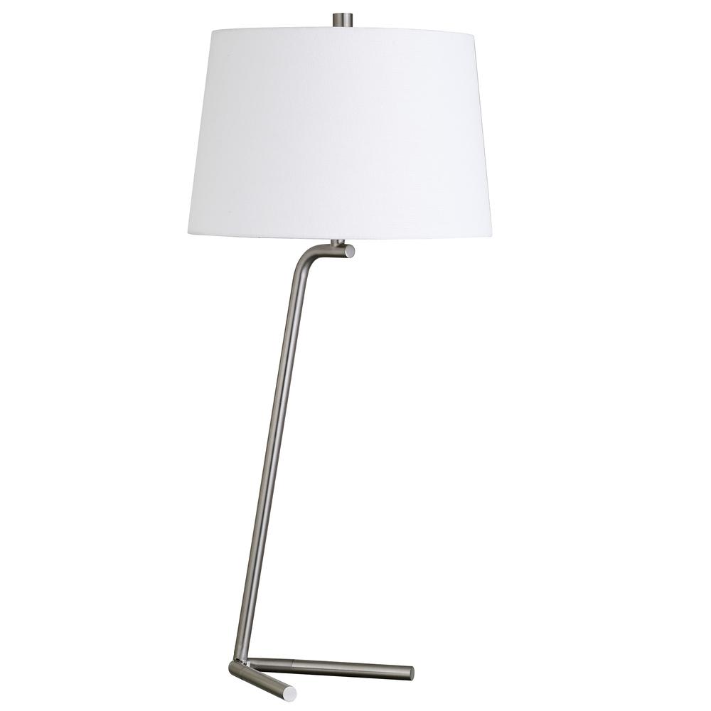 Markos 28.5" Tall Tilted Table Lamp with Fabric Shade in Brushed Nickel/White. Picture 1