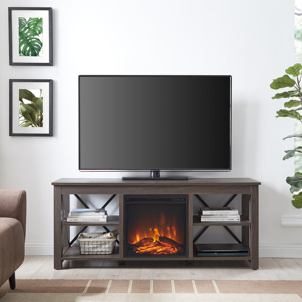 Sawyer Rectangular TV Stand with Log Fireplace for TV's up to 65" in Alder Brown. Picture 4