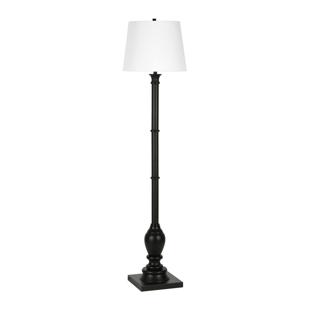 Minnie Farmhouse Floor Lamp with Fabric Shade in Blackened Bronze/White. Picture 1