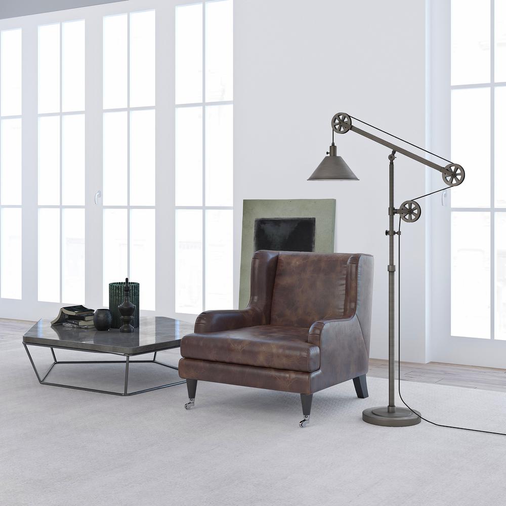 Descartes Pulley System Floor Lamp with Metal Shade in Aged Steel/Aged Steel. Picture 3