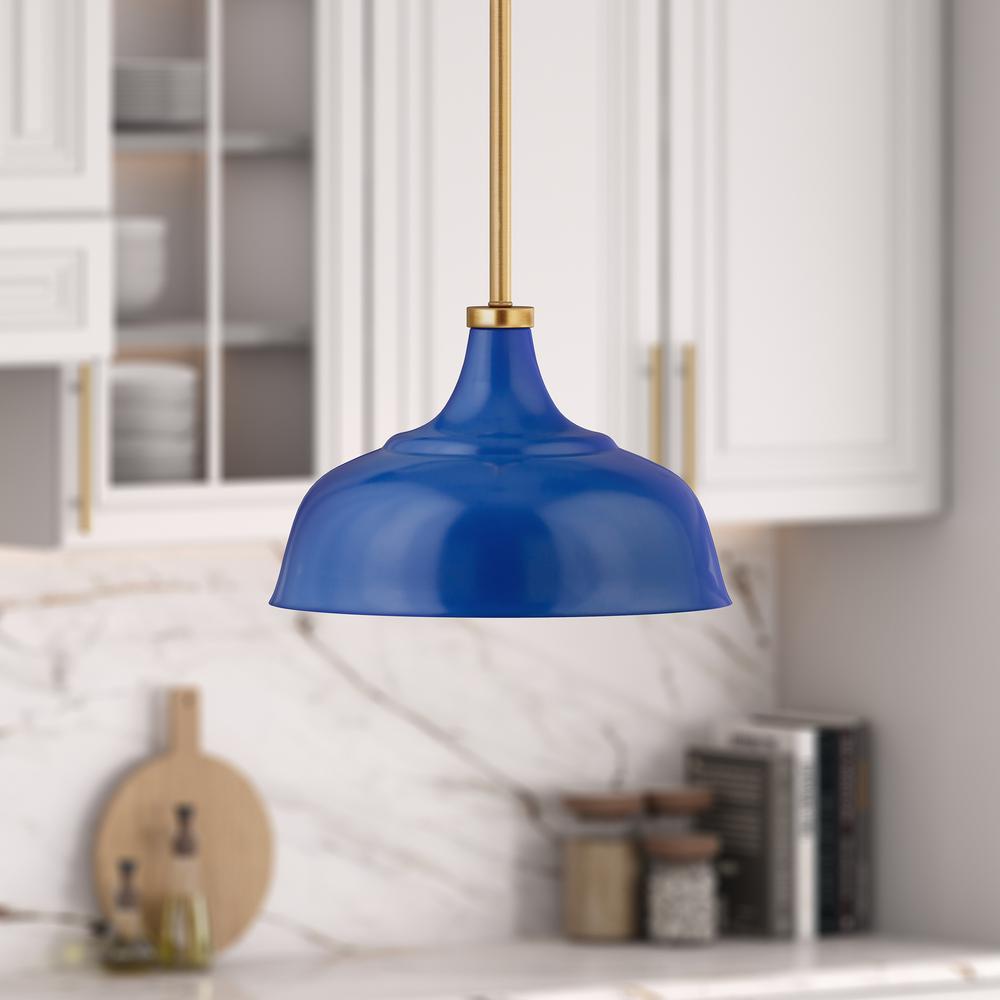 Mackenzie 10.75" Wide Pendant with Metal Shade in Blue/Brass/Blue. Picture 2