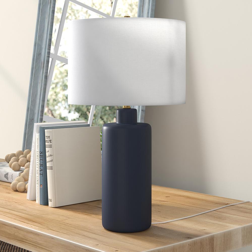 Carlina 25" Tall Ceramic Table Lamp with Fabric Shade in Matte Navy/White. Picture 2