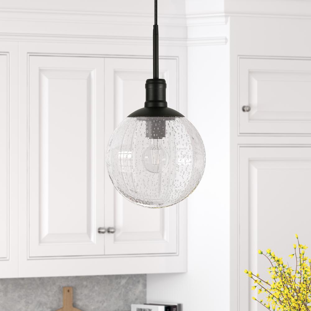 Walker 9" Wide Pendant with Glass Shade in Blackened Bronze /Seeded. Picture 2